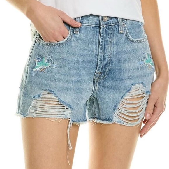 7 For All Mankind Light Blue Distressed Monroe Jean Cut Off Short, Sz 27 - Picture 1 of 8